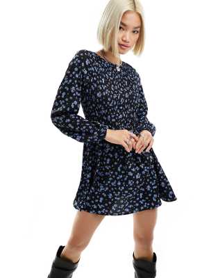 Daisy Street Long Sleeve Mini Smock Dress In Black Blue Floral-multi