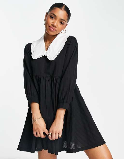 Daisy Street long sleeve mini smock dress in black with contrast