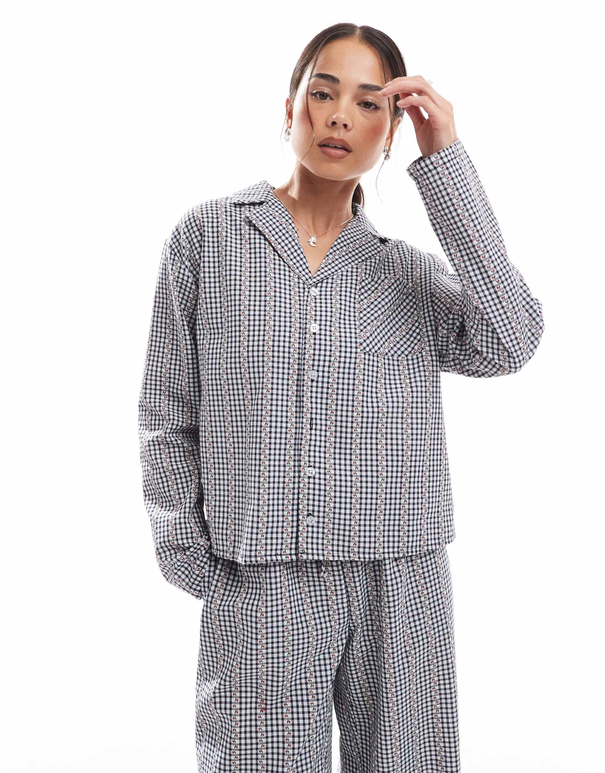 daisy street long sleeve pajama button up shirt in navy ditsy floral gingham