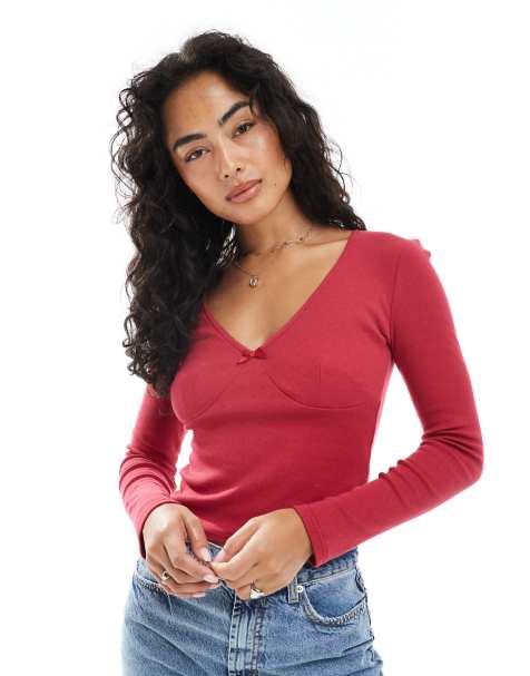 Daisy Street long sleeve pointelle top in red - view 1