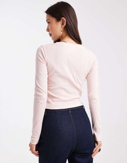Daisy Street long sleeve rib top with berlin graphic in pink, 4 of 4