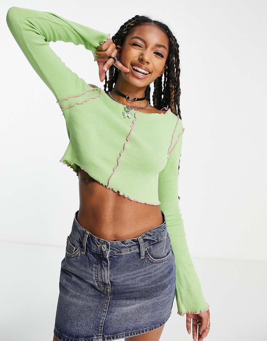 Daisy Street long sleeve ribbed crop top with contrast overlocking-Green