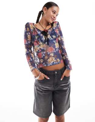 Daisy Street long sleeve round neck lace top with keyhole tie detail-Multi