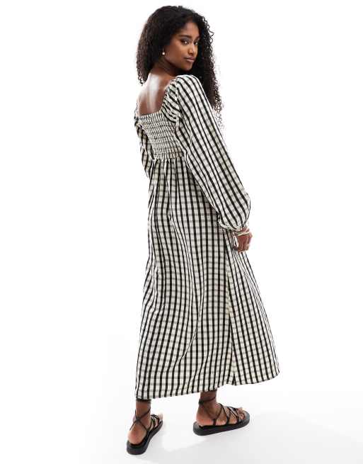 Daisy Street long sleeve shirred bodice midaxi dress in black gingham, 4 of 4