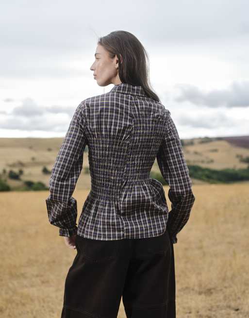 Daisy Street long sleeve shirred button down fitted shirt in navy and brown check, 4 of 4