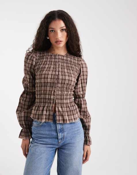 Daisy Street long sleeve shirred check blouse in brown check - view 1