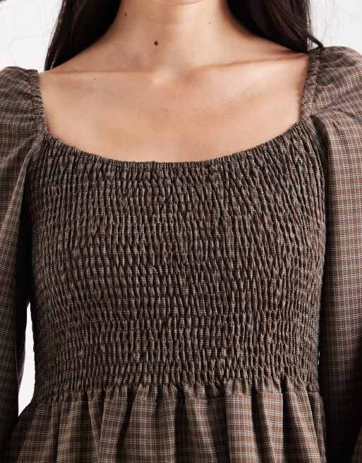 Daisy Street long sleeve shirred maxi dress in blue brown check, 3 of 4