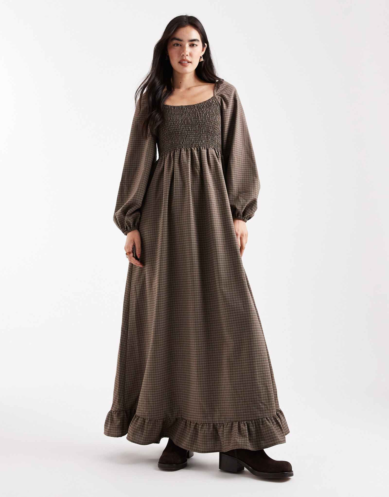 Макси-платье в складку с длинным рукавом Daisy Street в сине-коричневую клетку