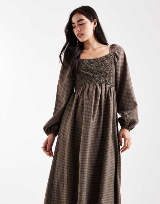 Daisy Street long sleeve shirred maxi dress in blue brown plaid
