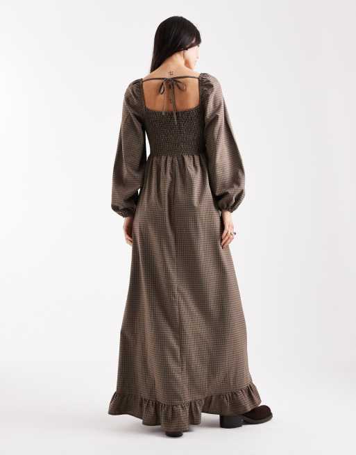 Daisy Street long sleeve shirred maxi dress in blue brown plaid