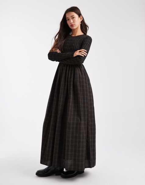 Daisy Street long sleeve shirred maxi dress in brown check - view 1