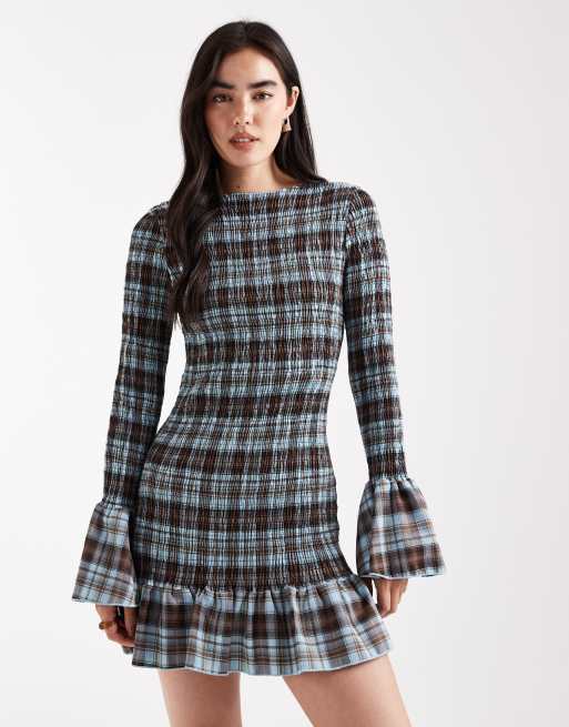 Daisy Street long sleeve shirred mini dress in brown blue check, 2 of 4