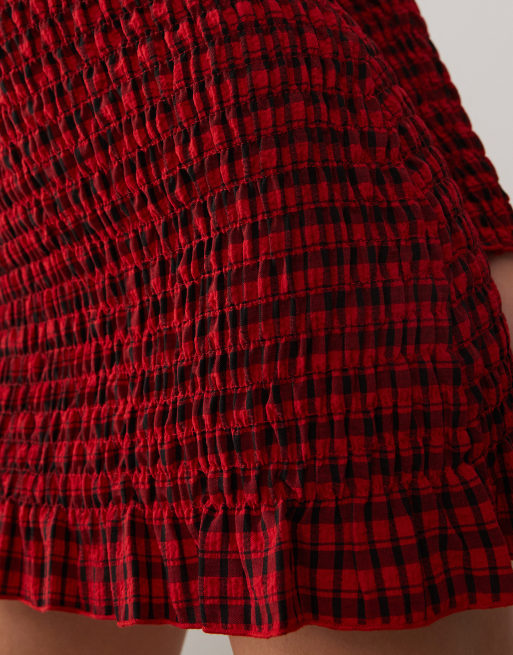Daisy Street long sleeve shirred mini dress in red check 