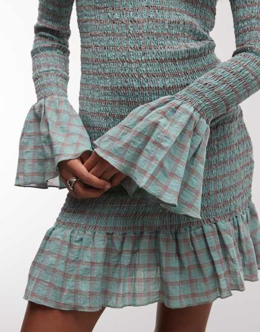Daisy Street long sleeve shirred mini dress with fluted sleeve in multi check, 3 of 4