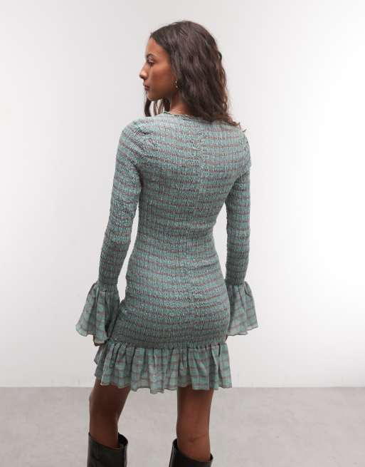 Daisy Street long sleeve shirred mini dress with fluted sleeve in multi check, 4 of 4