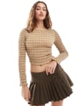 [Daisy Street] Daisy Street long sleeve shirred top in camel check-Neutral 12 Camel check
