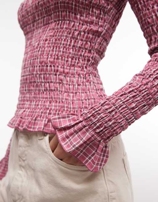 Daisy Street long sleeve shirred top in mauve check, 2 of 4
