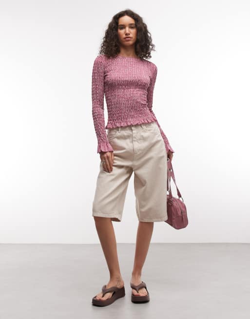 Daisy Street long sleeve shirred top in mauve check, 3 of 4