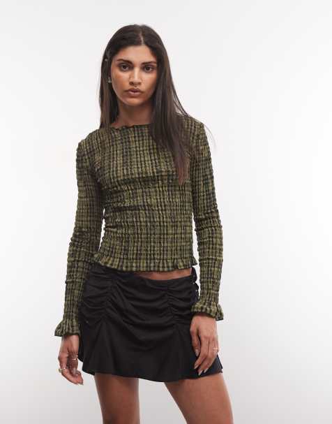 Daisy Street long sleeve shirred top in sage check - view 1
