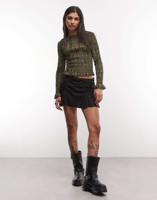 Daisy Street long sleeve shirred top in sage check, 2 of 4