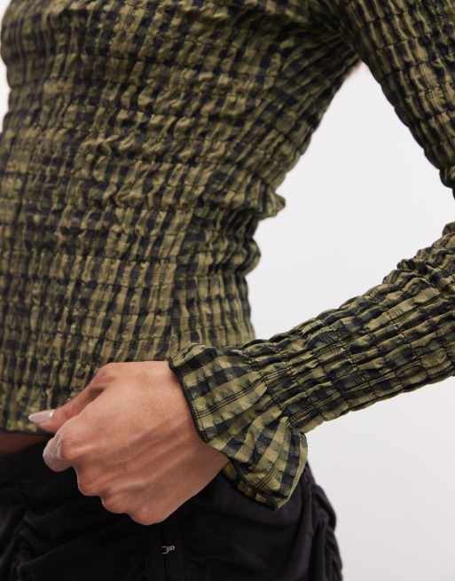 Daisy Street long sleeve shirred top in sage check, 3 of 4