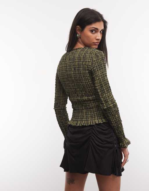 Daisy Street long sleeve shirred top in sage check, 4 of 4