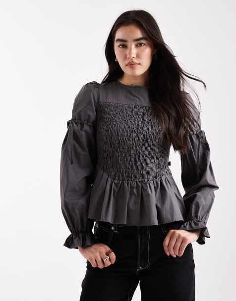 Daisy Street long sleeve shirred waist puplum hem top in slate grey - view 1