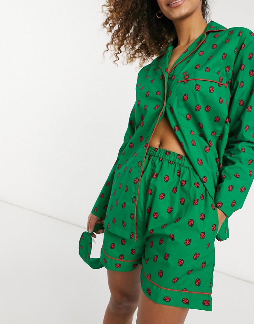Daisy Street long sleeve shirt and shorts pajama set with eye mask in ladybird print-Green
