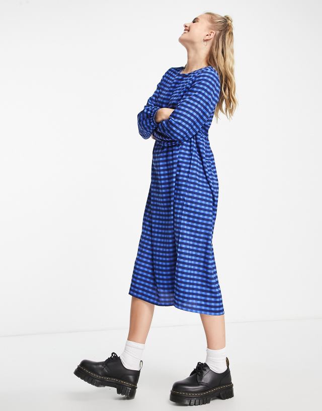 Daisy Street - long sleeve smock dress in bright blue check