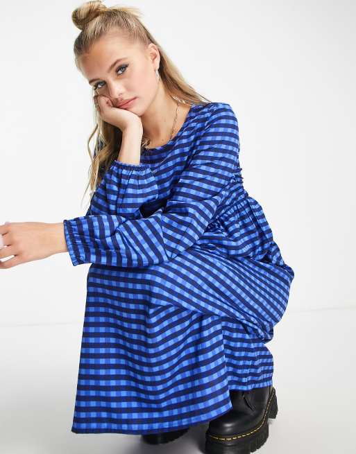 Daisy Street long sleeve smock dress in bright blue check, 3 of 4