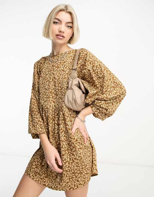 Daisy Street long sleeve smock dress in brown floral | ASOS