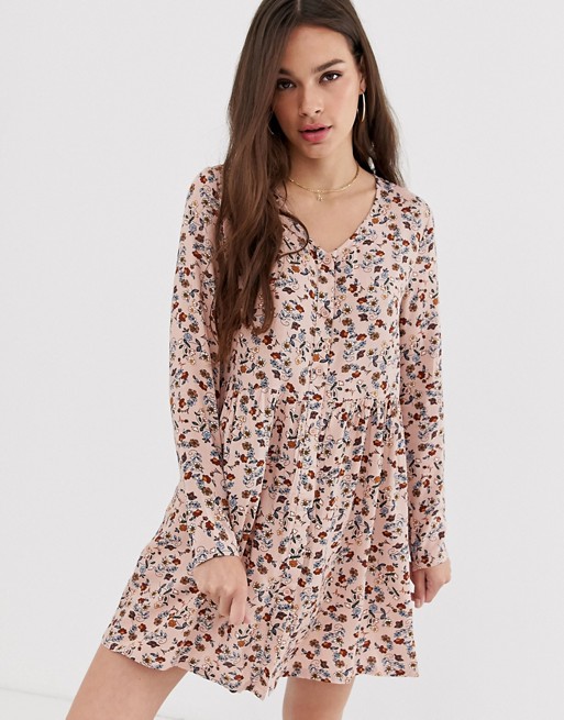 Daisy Street long sleeve smock dress with button front in ditsy floral