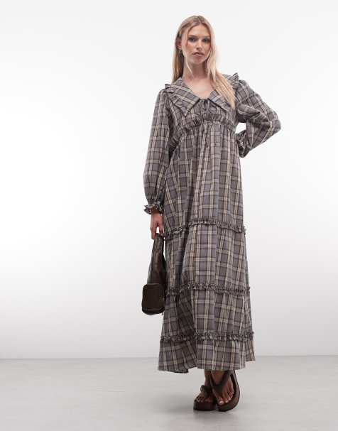 Daisy Street long sleeve smock maxi dress with big collar in grey blue check - view 1
