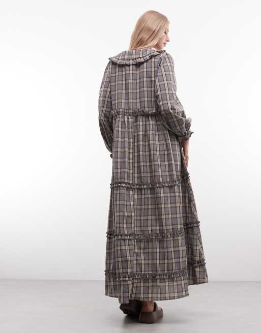 Daisy Street long sleeve smock maxi dress with big collar in grey blue check, 4 of 4