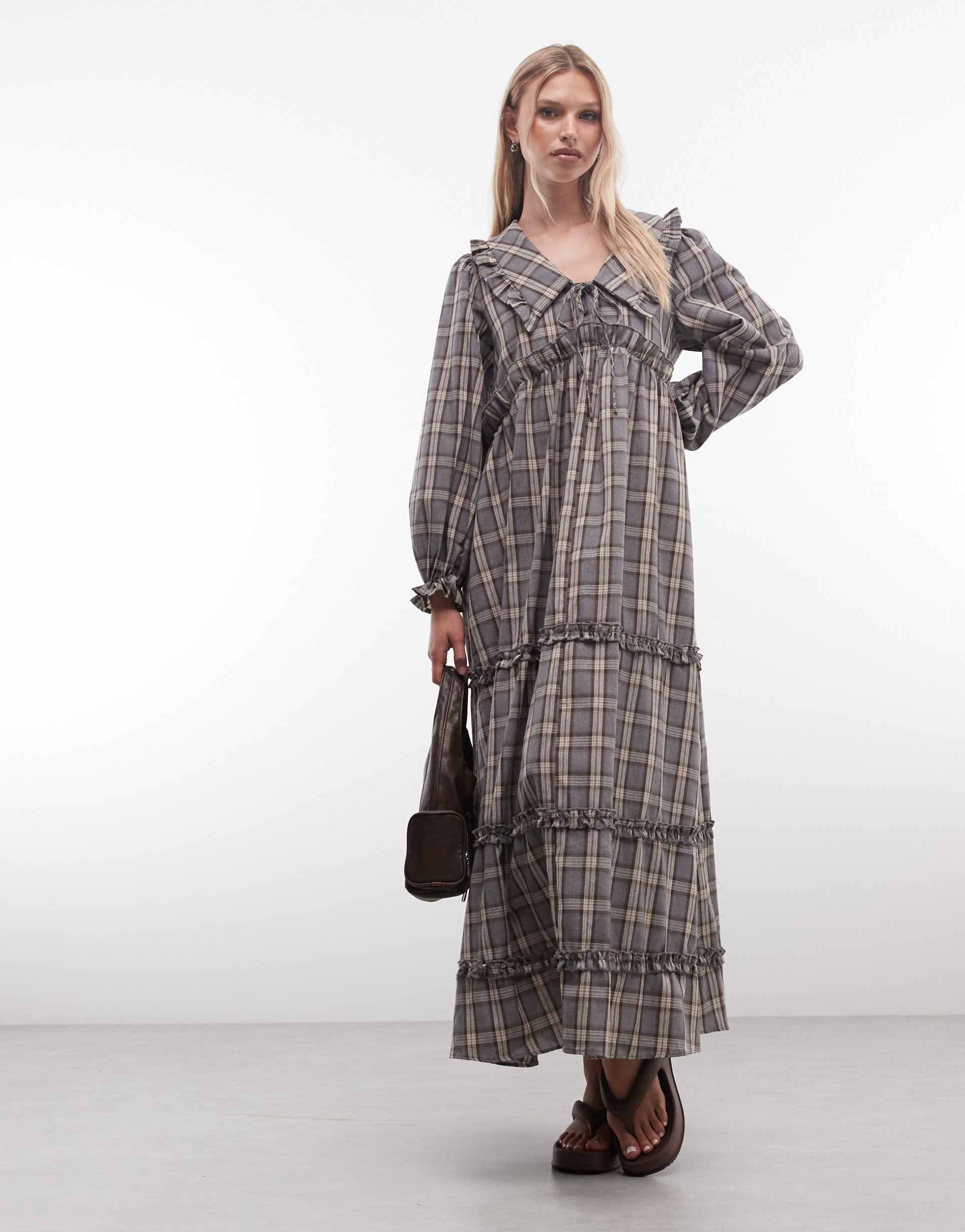 daisy street long sleeve smock midaxi dress with big collar in blue plaid