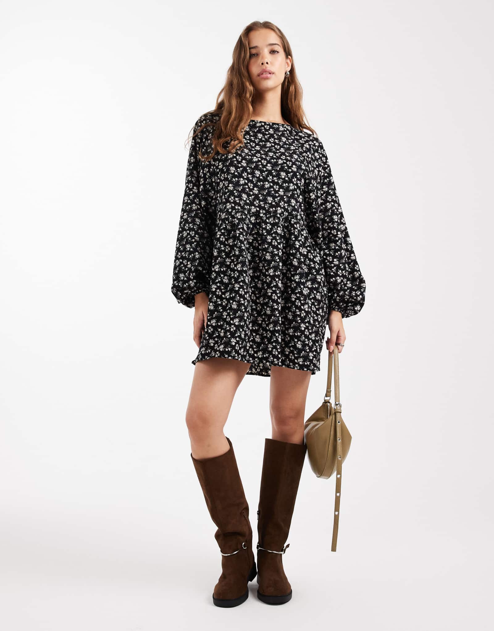 Мини-платье-халат с длинным рукавом Daisy Street черного цвета в мелкий цветочек