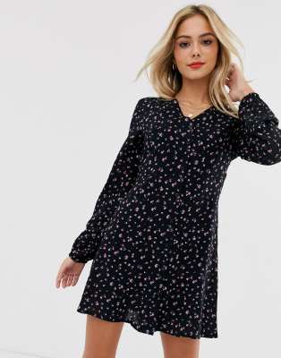 long sleeve black floral dress