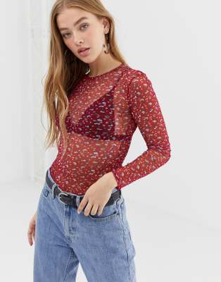 floral mesh long sleeve top