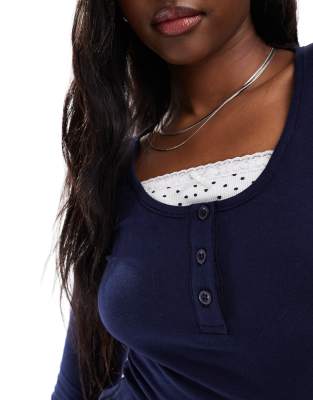 Shop Daisy Street Long Sleeve Double Layer Top With Lace Detail In Navy