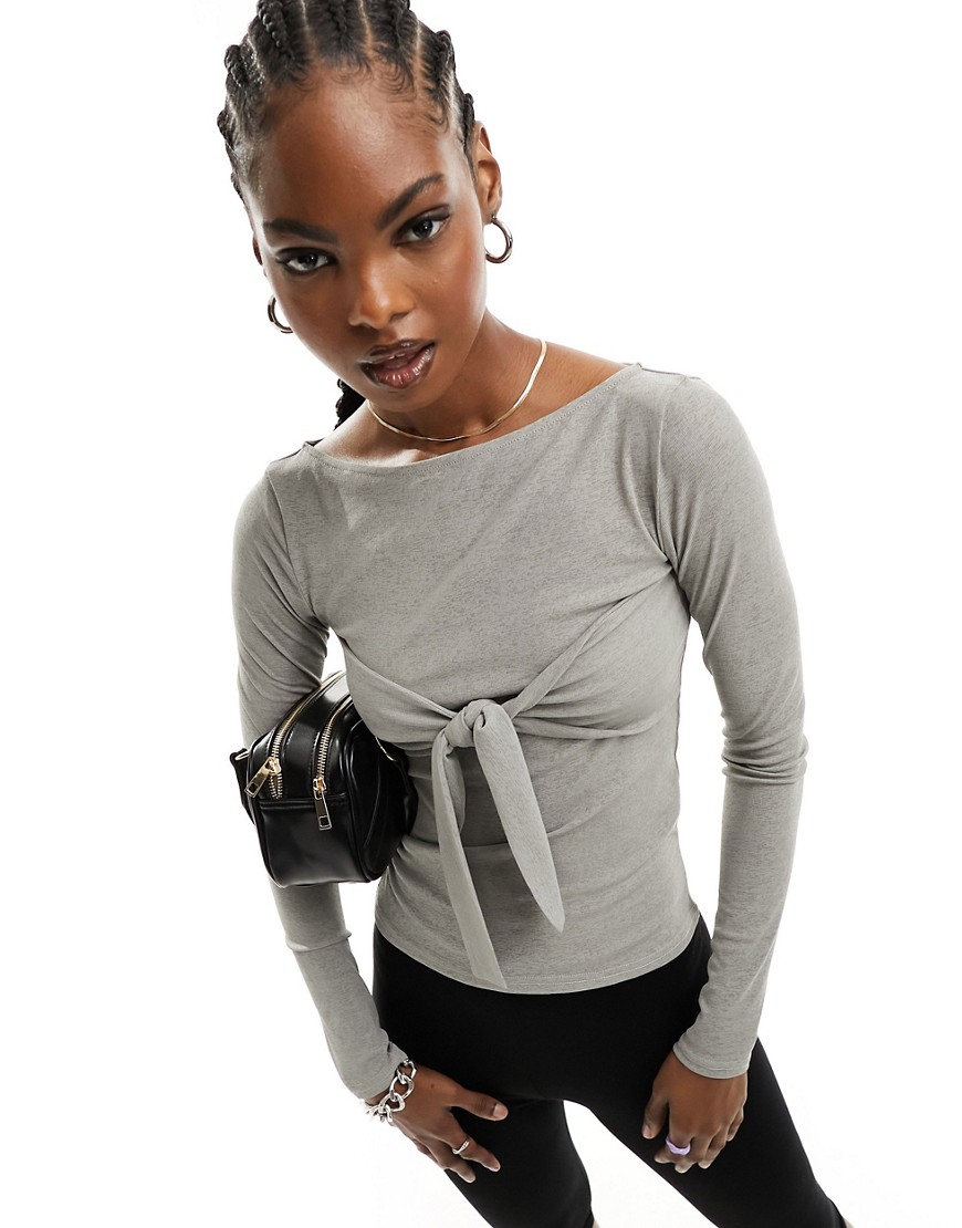 Daisy Street long sleeve top with tie front overlay in grey