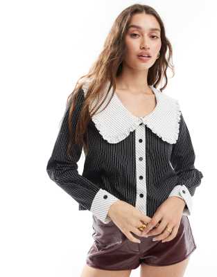 Daisy Street long sleeve v neck button up blouse with contrast stripe collar-Black