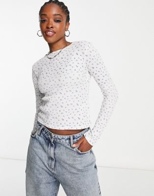 Daisy Street long sleeve waffle fitted top in ditsy print