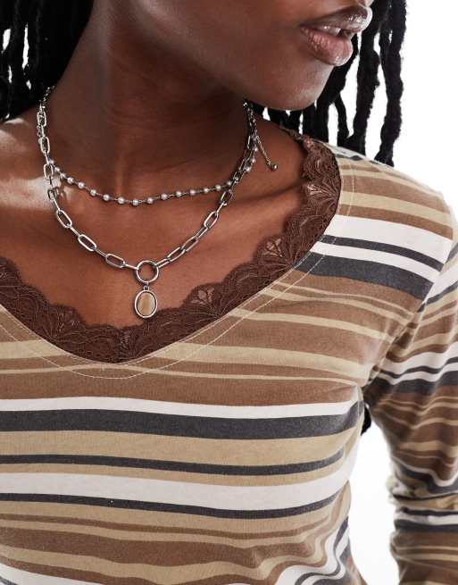 Daisy Street long sleeve washed stripe jersey top with lace detail, 2 of 4