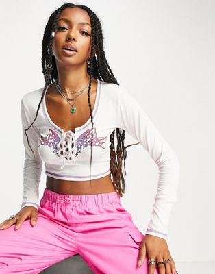 Daisy Street long sleeve Y2K crop top with lace up front
