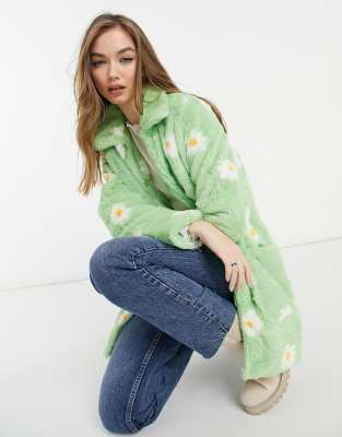 Daisy Street longline coat in daisy print faux fur-Green