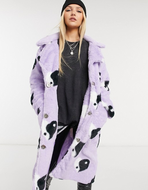 Daisy Street longline coat in lilac yin yang heart faux fur