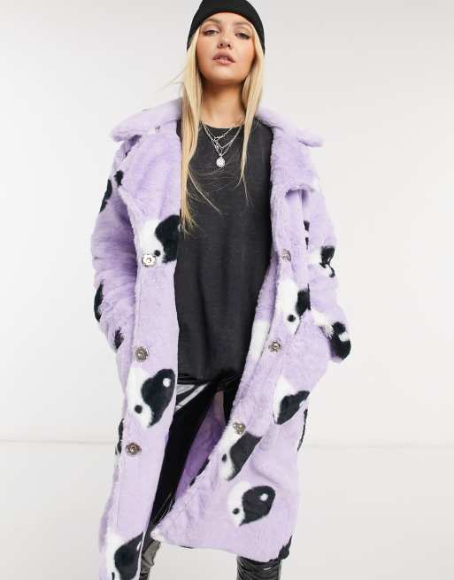 Daisy Street longline coat in lilac yin yang heart faux fur | ASOS