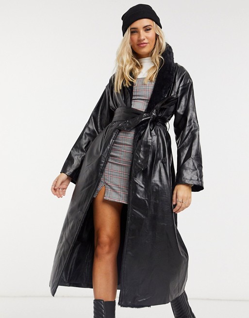 Daisy Street longline coat with faux fur trim in vinyl