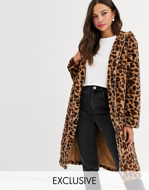 Daisy Street longline coat with zip front and hood in leopard print faux fur