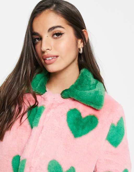 DAISY STREET LONGLINE FAUX FUR COAT IN CONTRAST HEART PRINT | ASOS